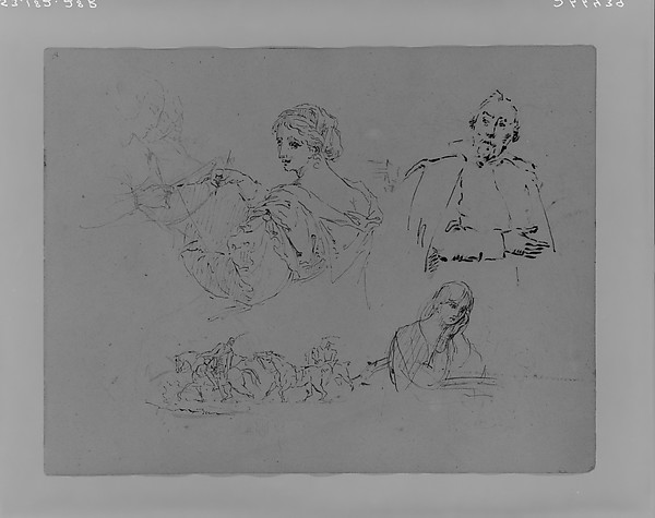 Thomas Sully, Woman Sketching; Two Women Reading; Portrait of a Man (after Van Dyke?); Half-length Female Portrait; Two Equestrian Figures Leading a Horse (from Sketchbook)