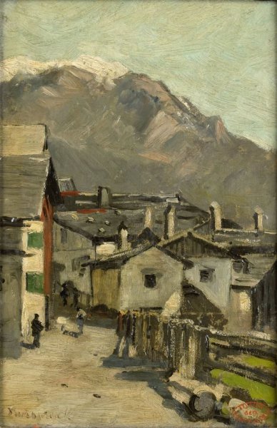 Geo Poggenbeek, Houses along a road near a mountain (Innsbruck?)