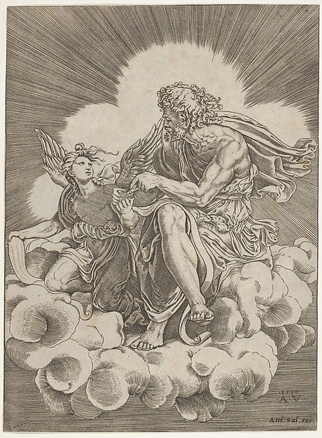 Agostino Veneziano (Agostino dei Musi), St. Matthew, seated on a cloud and dipping a quill into an inkwell held by an angel, who is also holding a scroll, from a series of the four evangelists after Giulio Romano