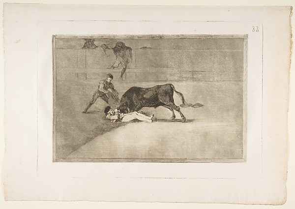 Goya (Francisco de Goya y Lucientes), Plate 33 from "La Tauromaquia": The unlucky death of Pepe Illo in the ring at Madrid