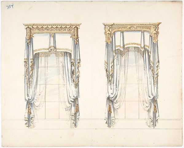 Anonymous, British, 19th century, Design for Two White Curtains with Gold Fringes and a Gold Pediment