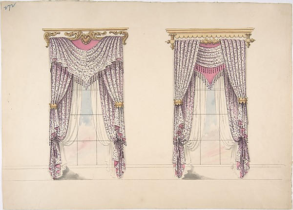 Anonymous, British, 19th century, Design for Curtains with Purple, White and Mink Fabric, Purple Fringes and Gold and White Pediments
