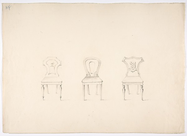 Anonymous, British, 19th century, Design for Three Chairs, Two with Armorial Ornament on Backs