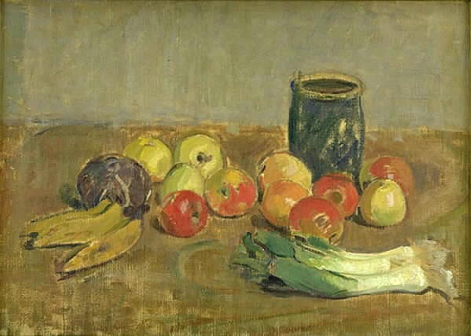 Karl Isakson, Nature morte. Æbler, porrer, bananer, og grøn krukke
