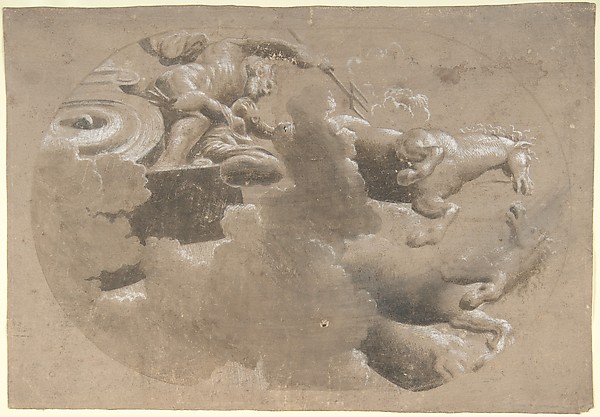 Anonymous, Italian, 16th century, Design for a Ceiling:  Male Figure with a Trident and Another Figure in a Horse Drawn Chariot