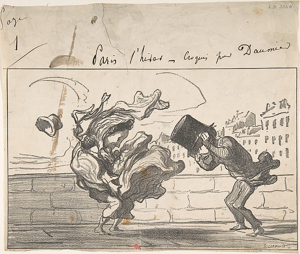 Honoré Daumier, Un Coup de Vent non Prédit par Mathieu (de la Drôme), plate 1 from "Croquis d'Hiver"