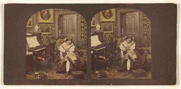Unknown, [Innocence: woman seated in parlor fixing her shoe]