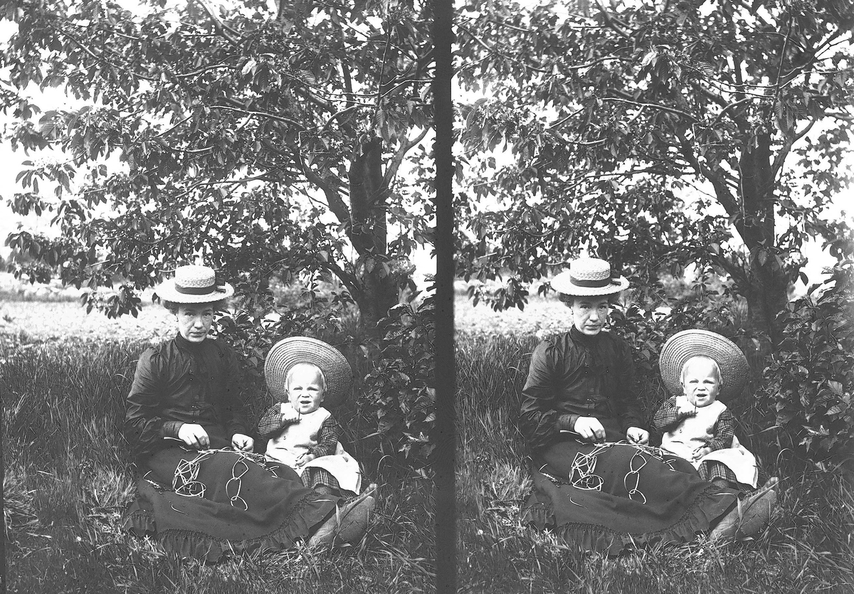 Axel Quinsgaard Wiborg, Anette (?) og Thor Q. Wiborg under et tre ved Digerud (Solli), Frogn, Akerhus, 1906.