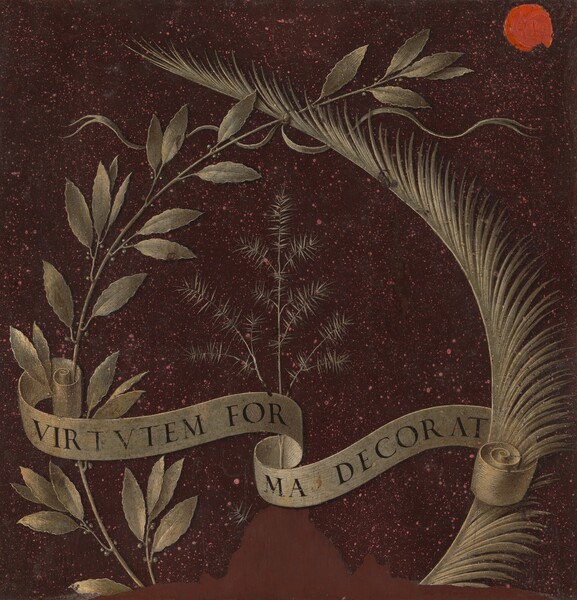 Leonardo da Vinci, Wreath of Laurel, Palm, and Juniper with a Scroll inscribed Virtutem Forma Decorat [reverse]