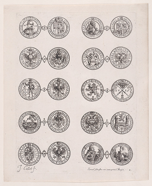 Jacques Callot, Plate 2, Featuring 10 Coins Issued by European Princes in the 16th and 17th centuries, from "Les Monnaies" (The Currencies)