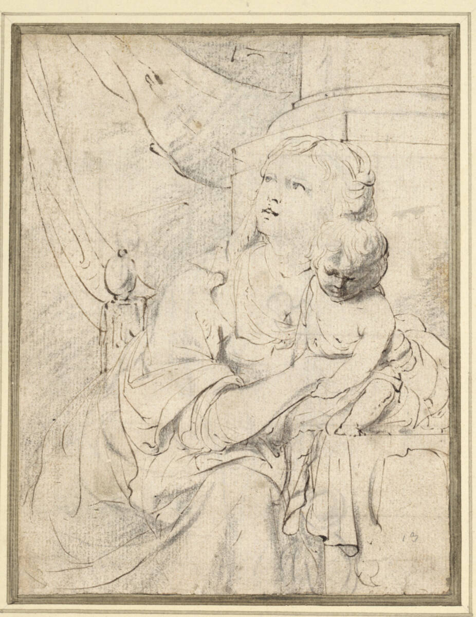 Anonym, Die Madonna mit dem Kind vor dem Sockel einer Säule sitzend