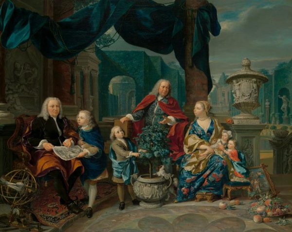 Nicolaas Verkolje, Portrait of David van Mollen and Son-in-Law Jacob Sydervelt with his Family