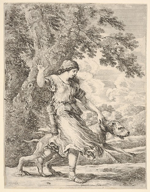 Stefano della Bella, A nymph holding a large dog by the collar (La belle chasseresse)