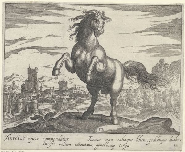 Panderen, Egbert van, (1581-1637?), (printmaker), Horse breeds: Landscape with a prancing Tuscan horse