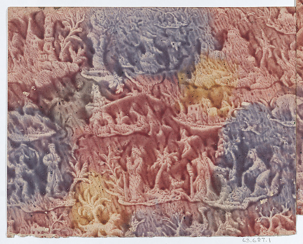 Anonymous, Sheet with figures in landscapes in red, purple, and yellow