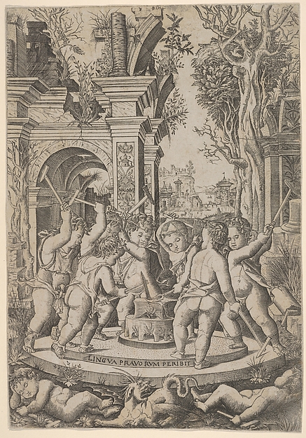 Nicoletto da Modena, The fate of an evil tongue; seven putti stand around an anvil on which they hammer a tongue, landscape and architecture behind