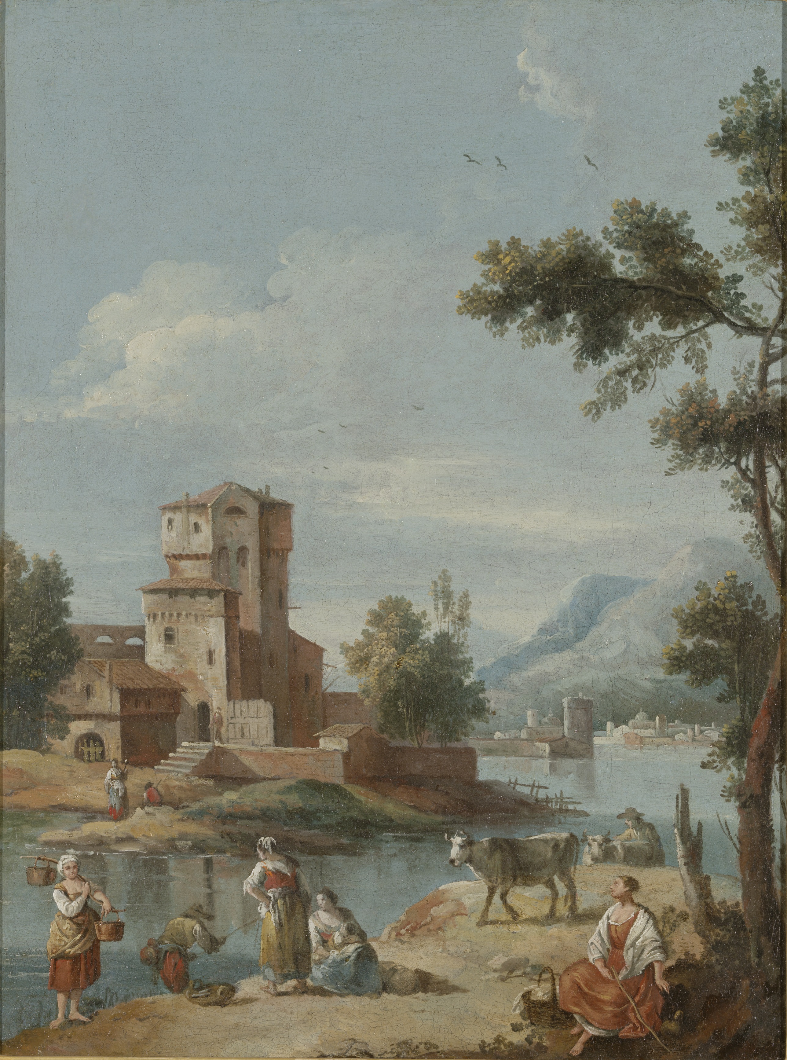 Giuseppe Zais, Italian landscape with a lake, figures and animals