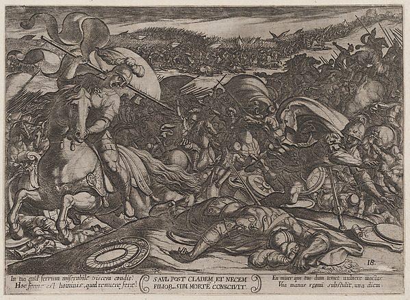 Antonio Tempesta, Plate 18: Saul's Suicide after His Defeat by the Philistines, from "The Battles of the Old Testament"