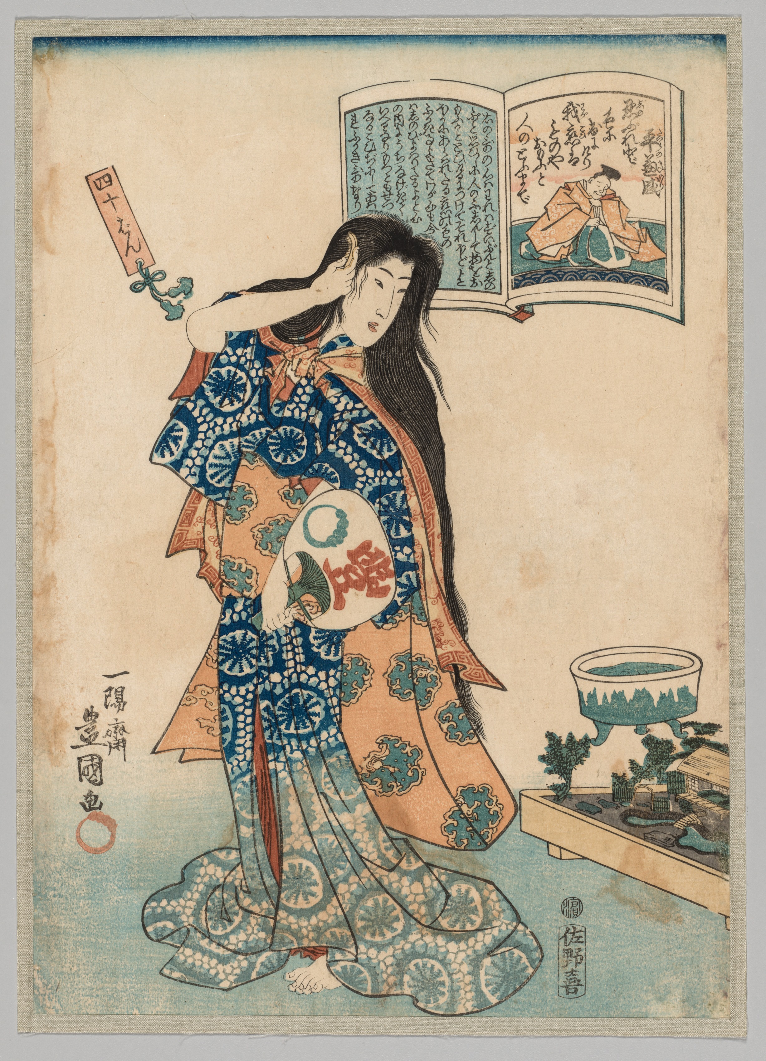 Utagawa Kunisada, Woman with a Fan in her Left Hand Combing her Hair