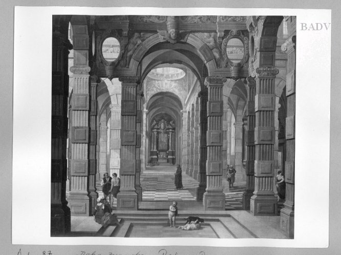 Cornelius van Poelenburgh, Baroque church interior with a friar and peasants