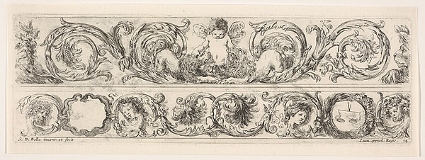 Stefano della Bella, Design for Two Friezes, the One on Top containing a Zephyr flanked by Lions, plate 14 from "Decorative friezes and foliage" (Ornamenti di fregi e fogliami)
