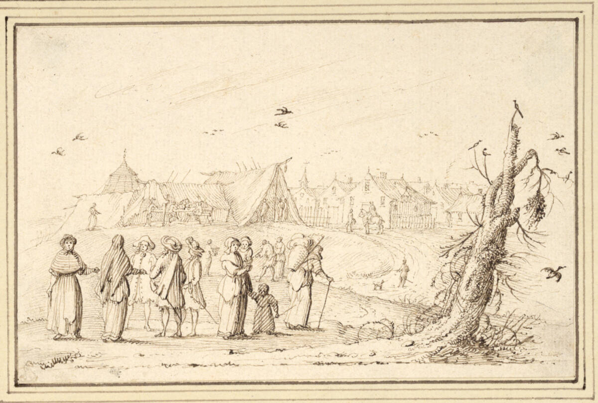 AlbertFlamen, Landschaft mit Soldaten und Frauen im Gespräch, im Hintergrund ein Zeltlager am Dorfrand (IV-4)