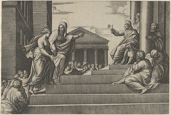Marcantonio Raimondi, Martha leading Mary Magdalene up a flight of stairs to Christ who is seated at right at the entrance to a temple