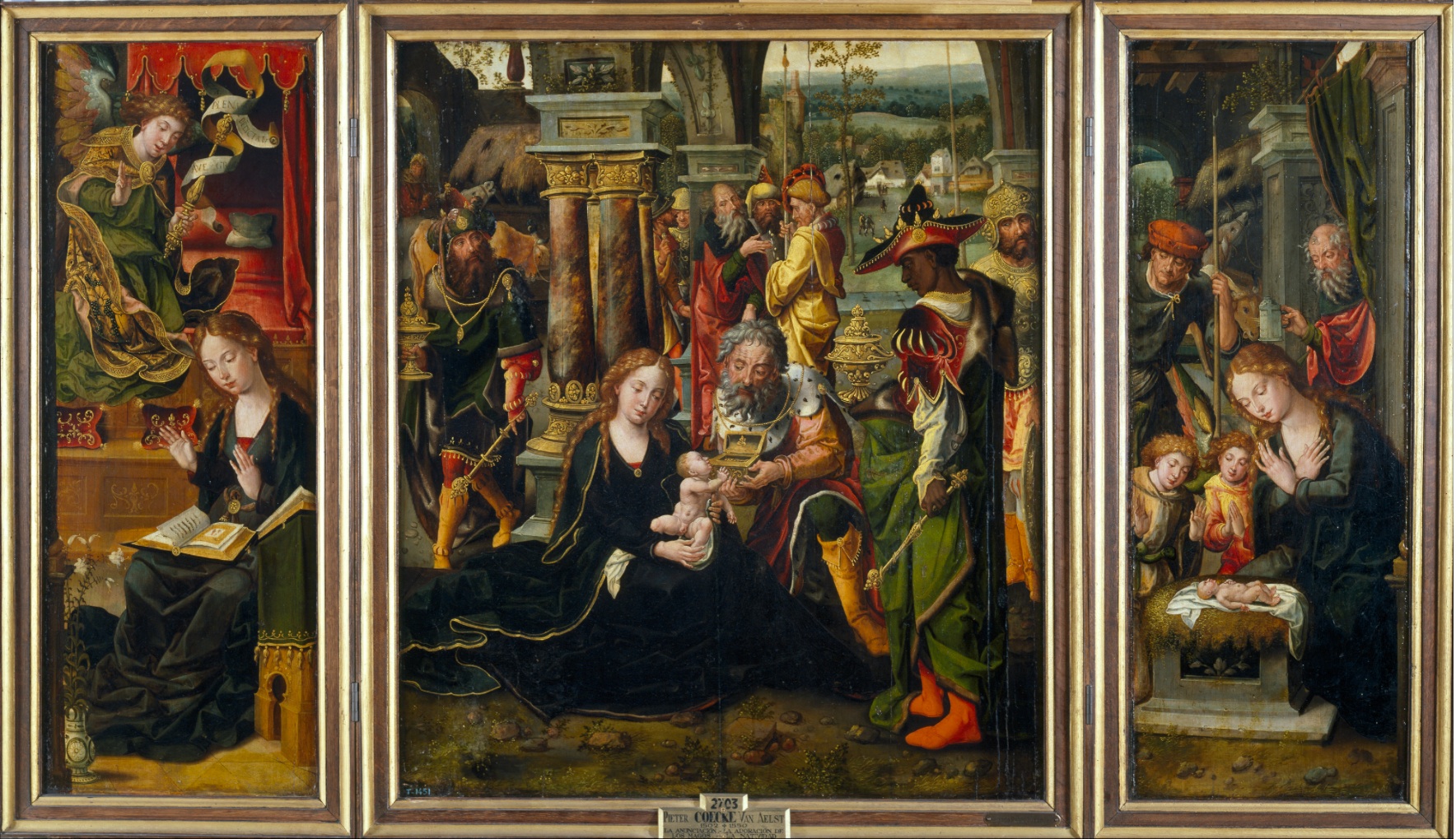 Pieter Coecke van Aelst, Triptych with the Annunciation, the Adoration of the Magi and the Nativity with Angels and Shepherds