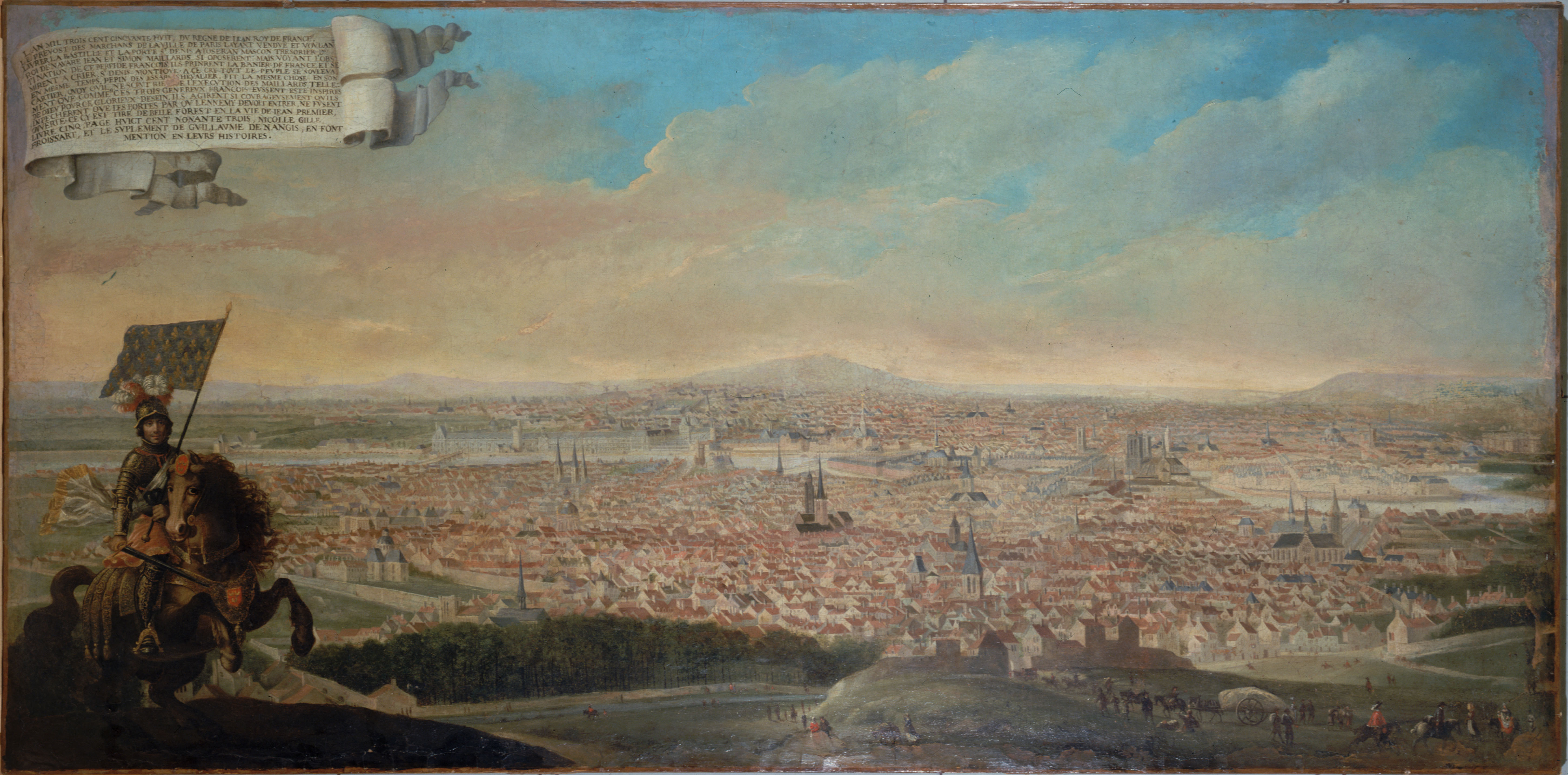 Anonyme, Vue cavalière de Paris, avec le portrait équestre du chevalier des Essarts