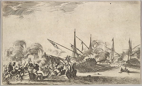 Stefano della Bella, Combat between several rowboats and ships, two groups of men in rowboats fighting to left, two ships full of combatants to right, other ships and clouds of smoke in the background, from "Set of eight nautical landscapes" (Suite de huit Marines)