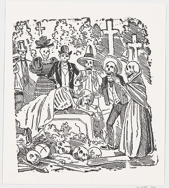 José Guadalupe Posada, A skeleton covered with a sheet crying in a cemetery, from a broadside entitled ' Calavera llorando el hueso'