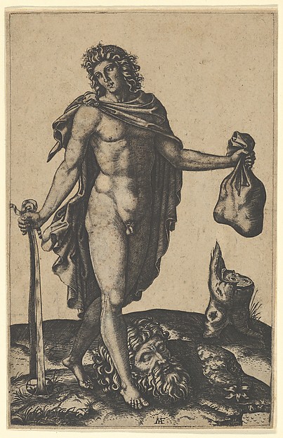 Marcantonio Raimondi, David standing, sword in lowered right hand, sack in the left, the head of Goliath on the ground beneath him