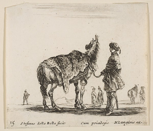 Stefano della Bella, A Polish nobleman, facing away, holding his horse covered in leopard skin, four men and a horse in background, plate 15 from "Diversi capricci"