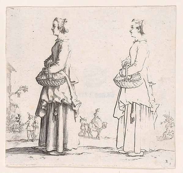 Jacques Callot, La Paysanne Tournée a Gauche, un Panier a son Bras (La Paysanne Turned to the Left, a Basket in her Arms), plate 2 from "Varie Figure" (Various Figures)