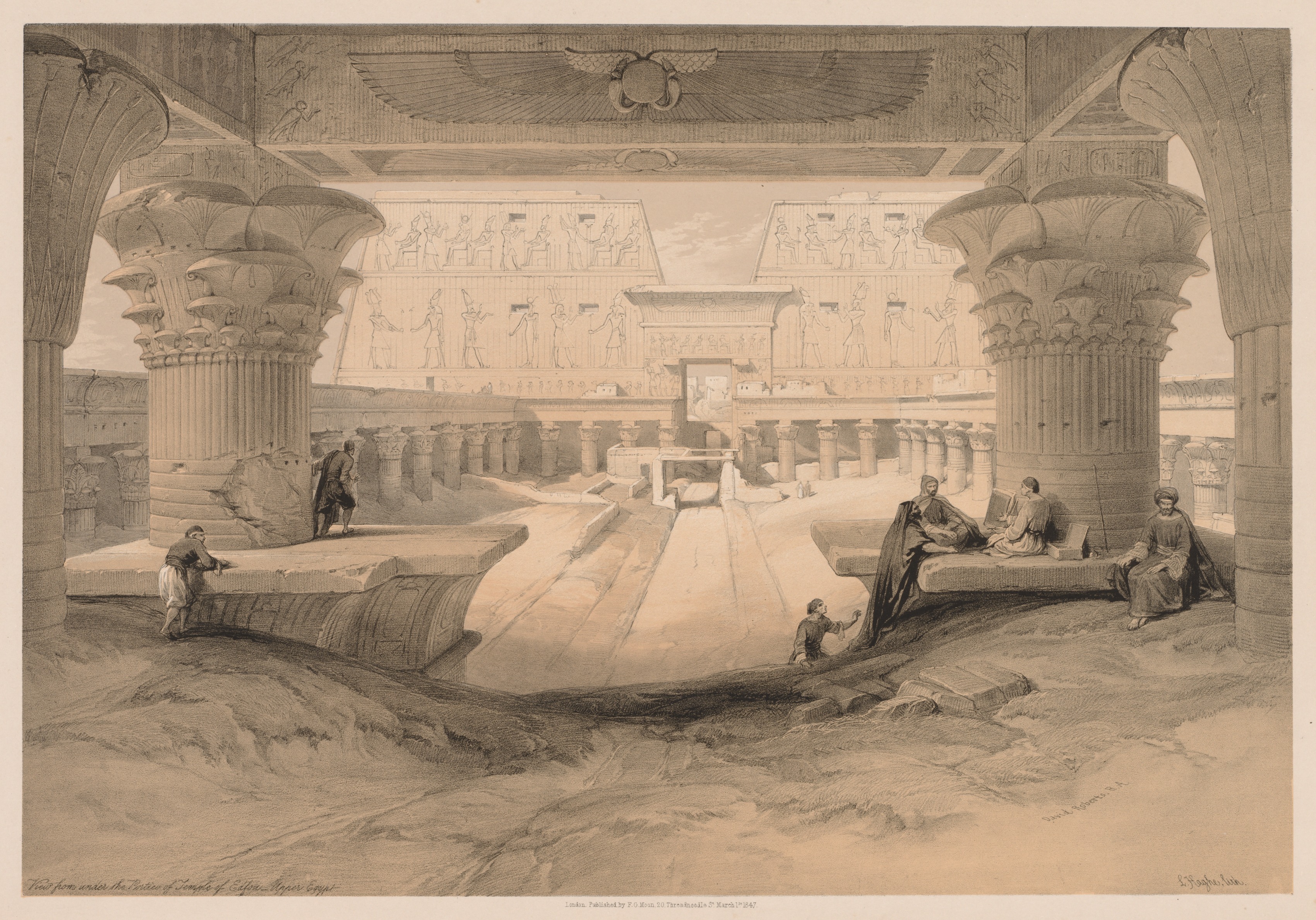Louis Haghe, Egypt and Nubia:  Volume I - No. 32, View from under the Portico of the Temple of Edfou, Upper Egypt