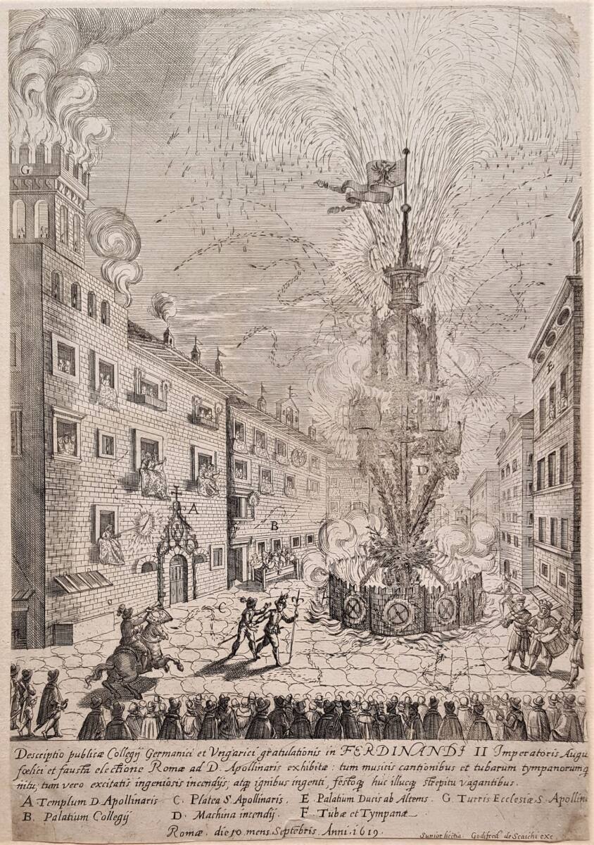 Anonym, Feuerwerksgerüst des Collegium Germanicum et Hungaricum auf der Piazza di S. Apollinare in Rom am 10. September 1619 anläßlich der Kaiserkrönung von Ferdinand II.