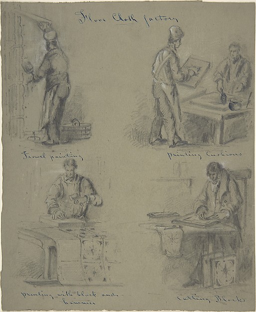 Anonymous, British, 19th century, Four drawings showing the manufacture of floor cloth