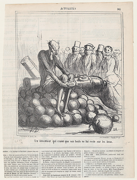 Honoré Daumier, An inventor who is afraid of getting stuck, sitting on his stock, from 'News of the day,' published in Le Charivari, May 31, 1867