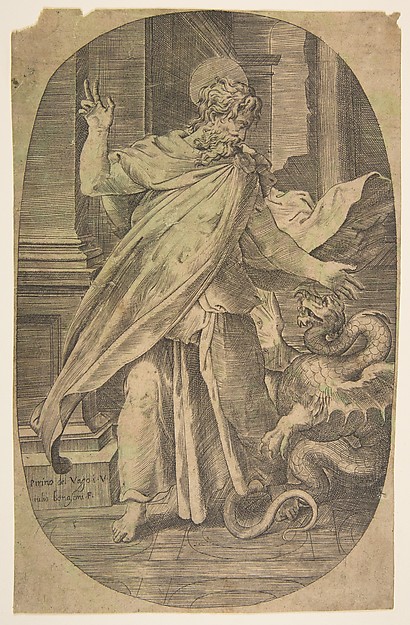Giulio Bonasone, St Paul overcoming the viper, within an architectual setting, an oval composition