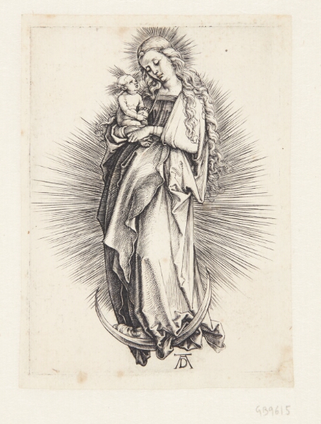Albrecht Dürer, Madonna stående på seglmåne (langhåret, barhovedet, vendt mod venstre)