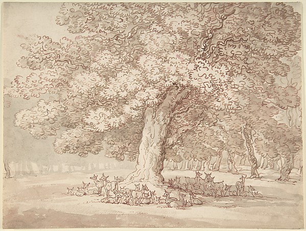 Thomas Rowlandson, Herd of deer under an oak tree