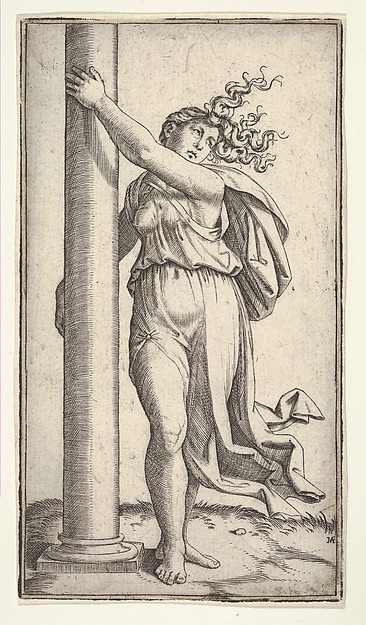 Marcantonio Raimondi, A young woman personifying Force or Strength holding a column