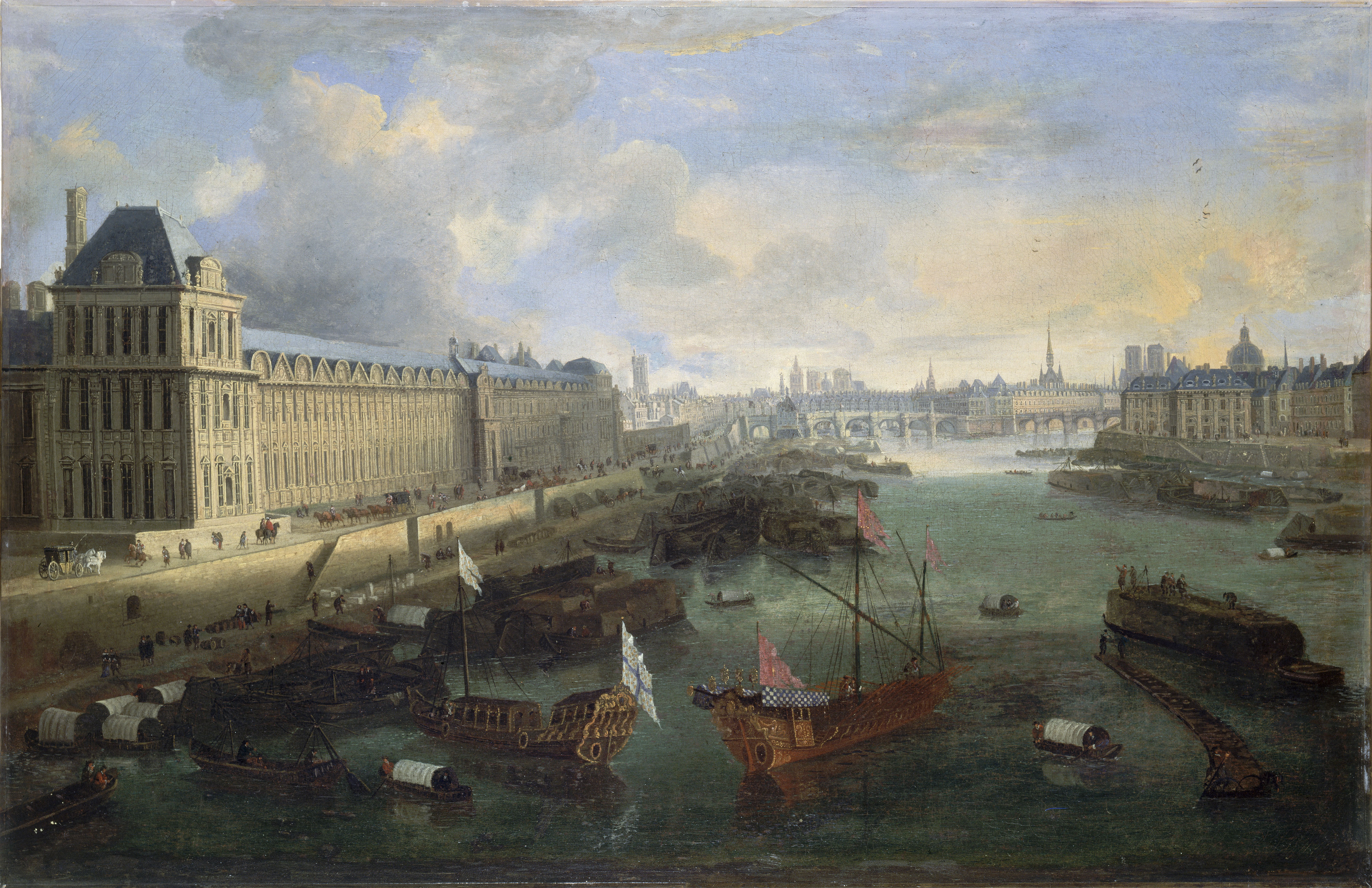 Anonyme, La Grande Galerie du Louvre, le Pont-Neuf, la Cité, le collège des Quatres-Nations, vers 1670. Sur la Seine, la galère royale.