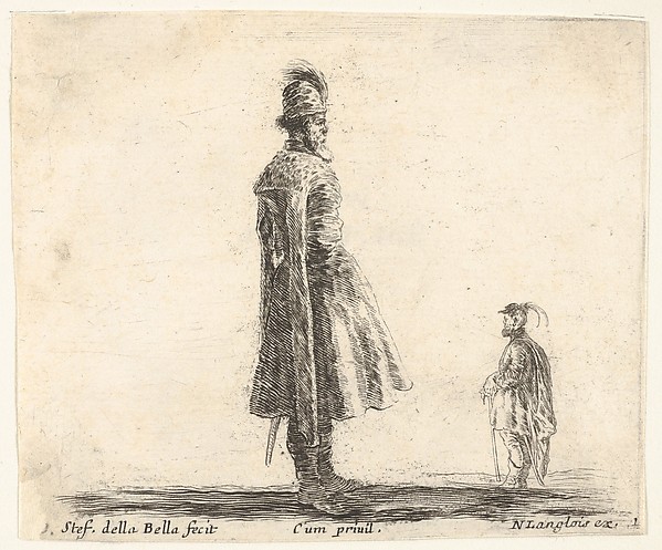 Stefano della Bella, Plate 20: an old Polish nobleman wearing a plumed hat in center, standing in profile facing right, another Polish man to right in background, standing in profile facing left, from "Diversi Capricci"