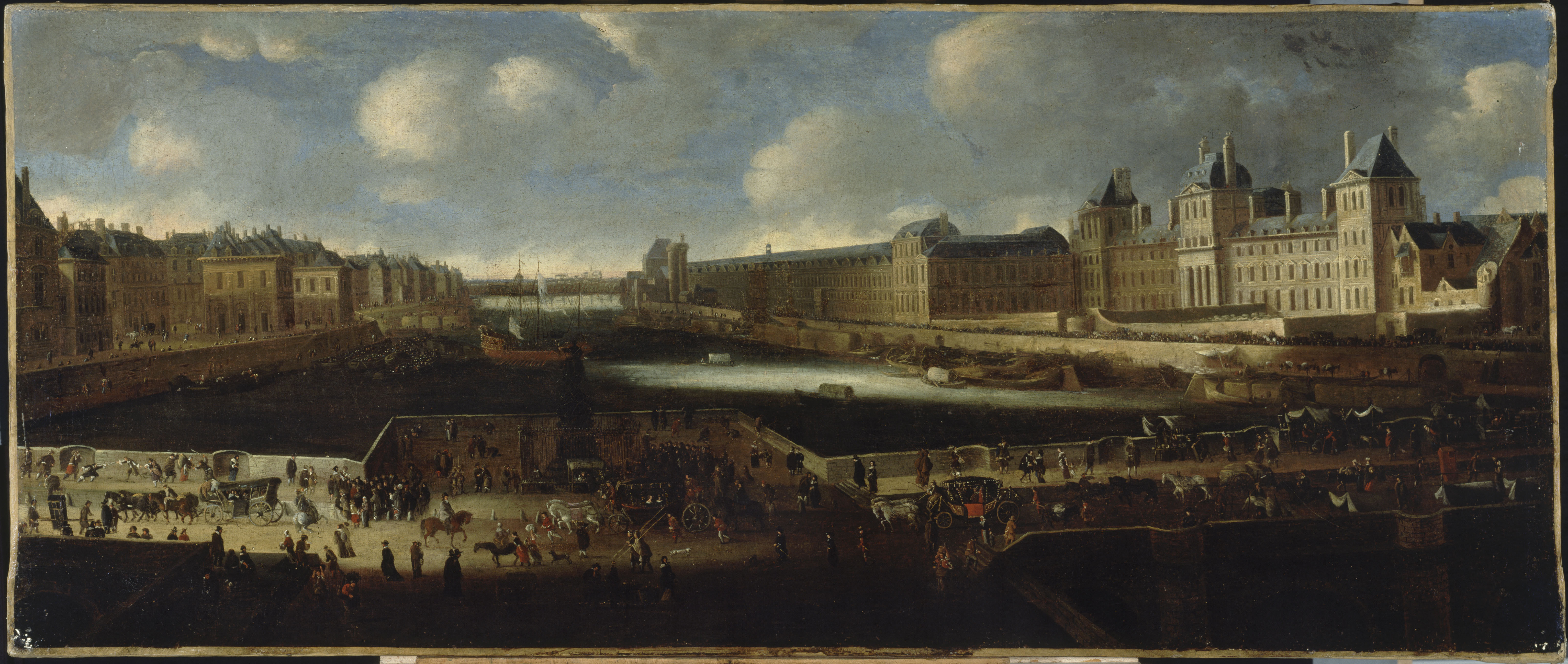 Anonyme, Le Pont-Neuf, vu de l'entrée de la place Dauphine, le Quai Malaquais avec le collège des Quatre-Nations en construction, la Grande Galerie et le Louvre, vers 1665
