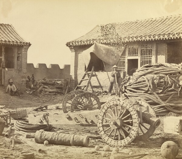Felice Beato, [Interior of Pehtang Fort showing the Magazine and Wooden Gun]