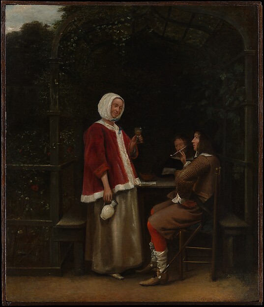 Pieter de Hooch, A Woman and Two Men in an Arbor