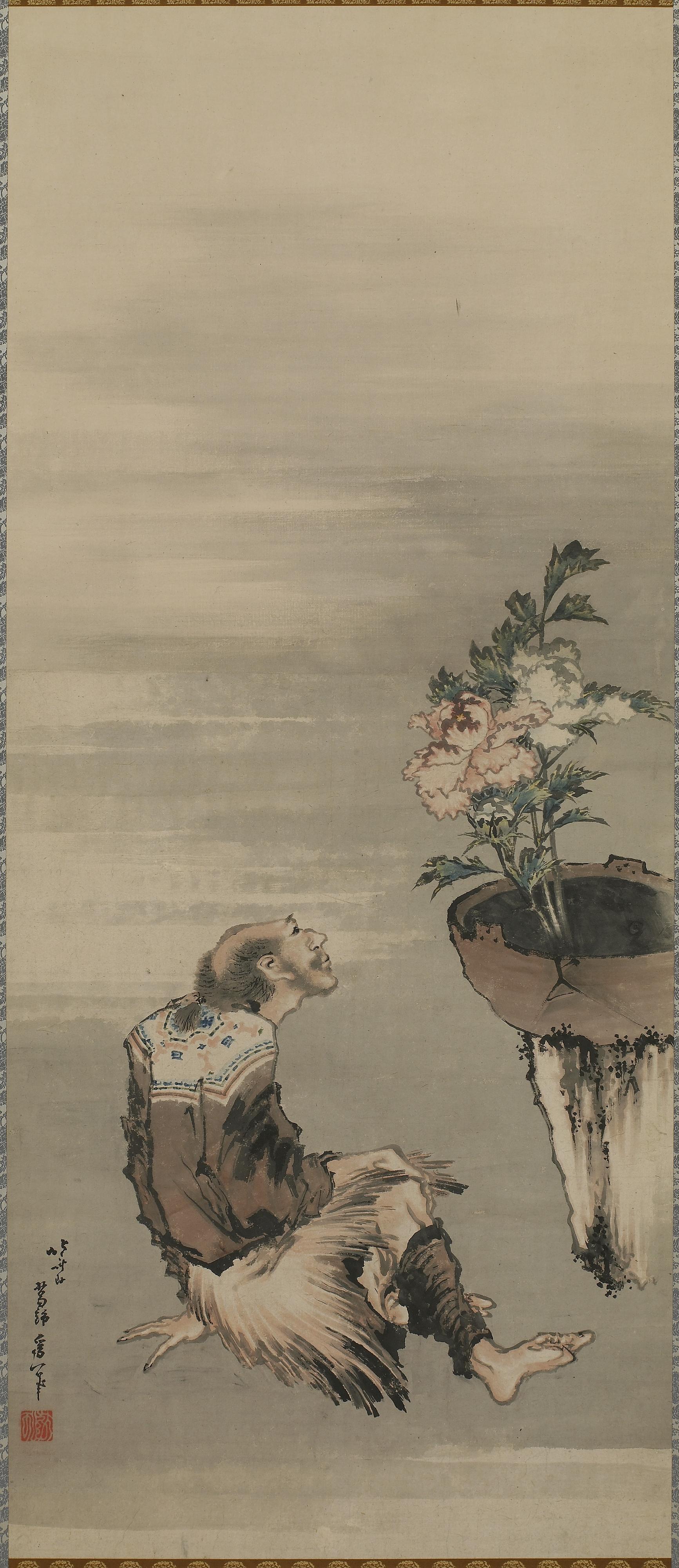 Katsushika Hokusai, A Seated Man Looking at Potted Peonies