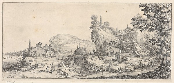 Jacques Callot, Walking and mounted figures surrounding a river traversed by a bridge, with a hilly outcrop and windmill, from "Italian landscapes" (Diverse vedute designate in Fiorenza / Paysages italiens)