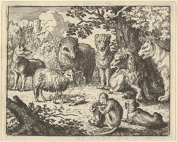 Allart van Everdingen, The Monkey Opens the Package and Removes the Rabbit's Head to the Great Surprise of the Animals from Hendrick van Alcmar's Renard The Fox